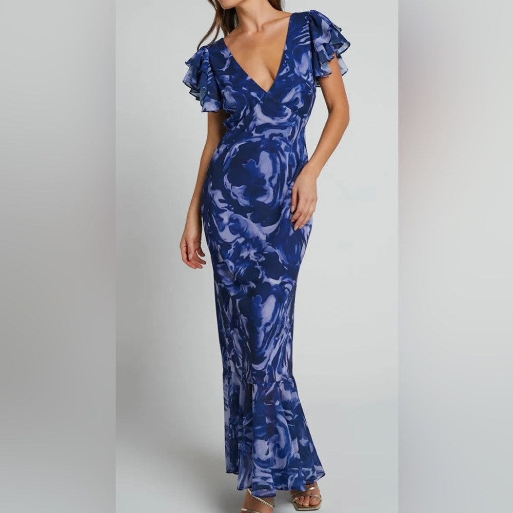 Blue Printed Ruffle Sleeve Maxi Dress